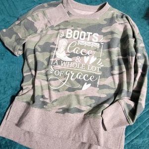 Boots, Lace, and Grace Camo High Low Pullover Sweater- Small Western Boutique
